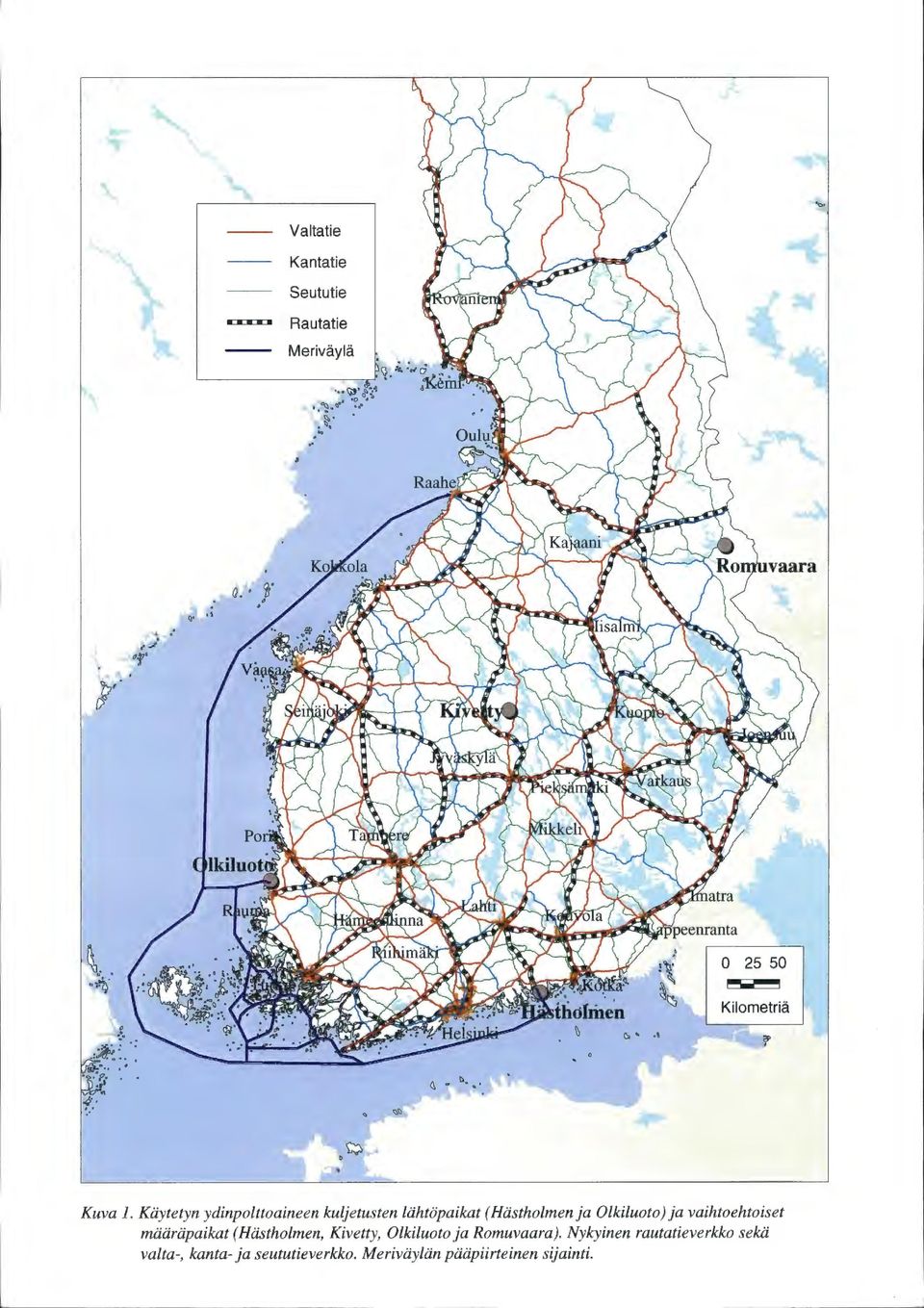 Käytetyn ydinpolttoaineen kuljetusten lähtöpaikat ( Hästholmen ja Olkiluoto) ja vaihtoehtoiset