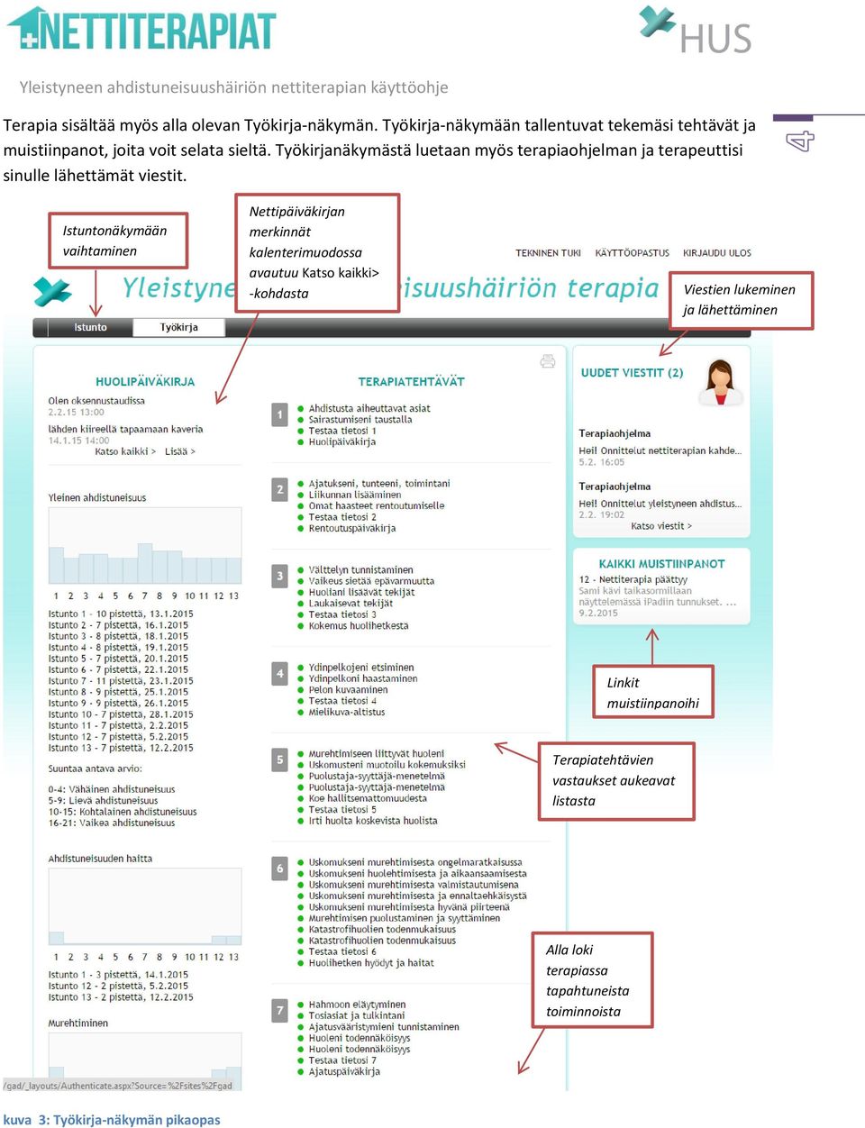 Työkirjanäkymästä luetaan myös terapiaohjelman ja terapeuttisi sinulle lähettämät viestit.