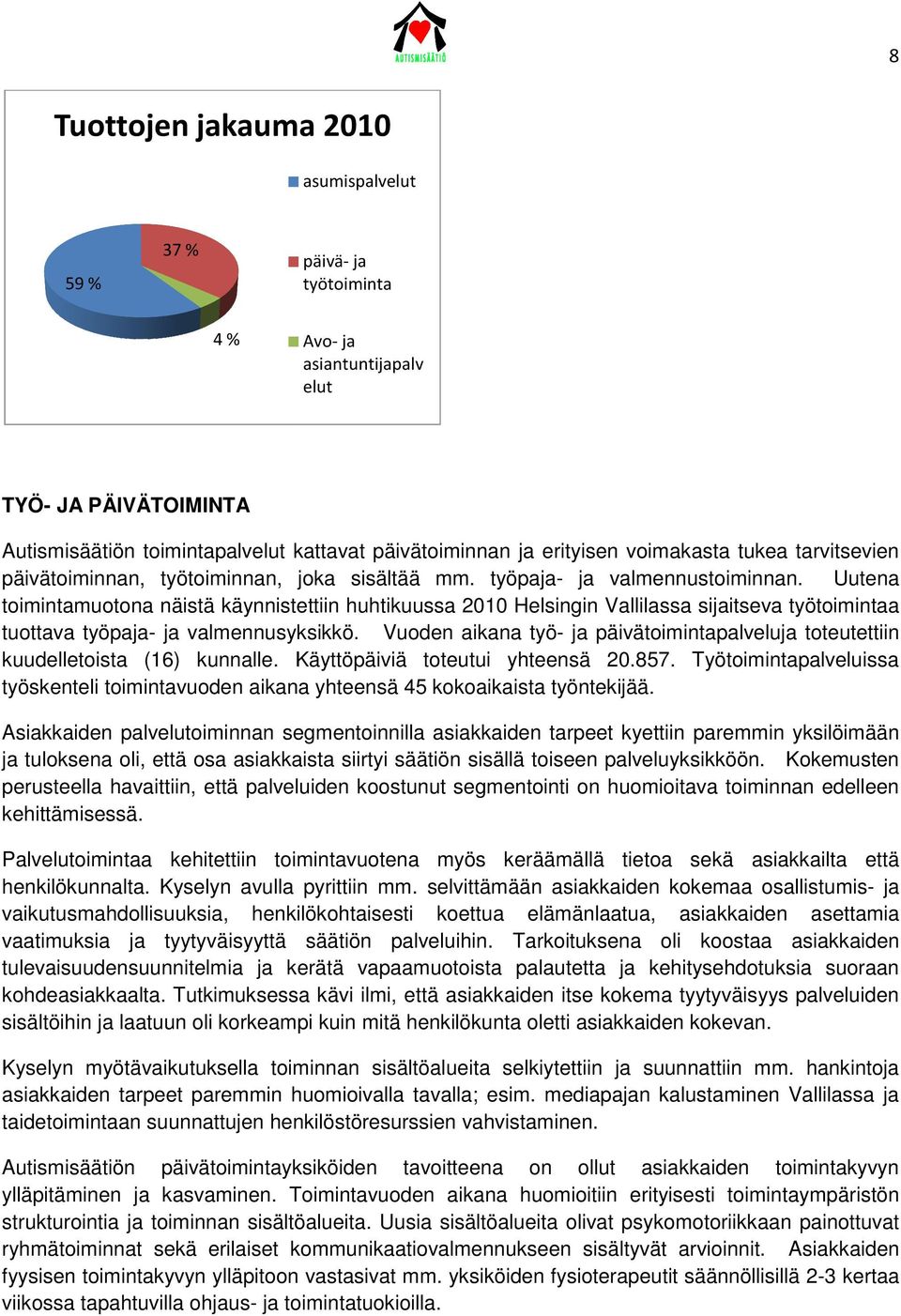 Vuoden aikana työ- ja päivätoimintapalveluja toteutettiin kuudelletoista (16) kunnalle. Käyttöpäiviä toteutui yhteensä 20.857.