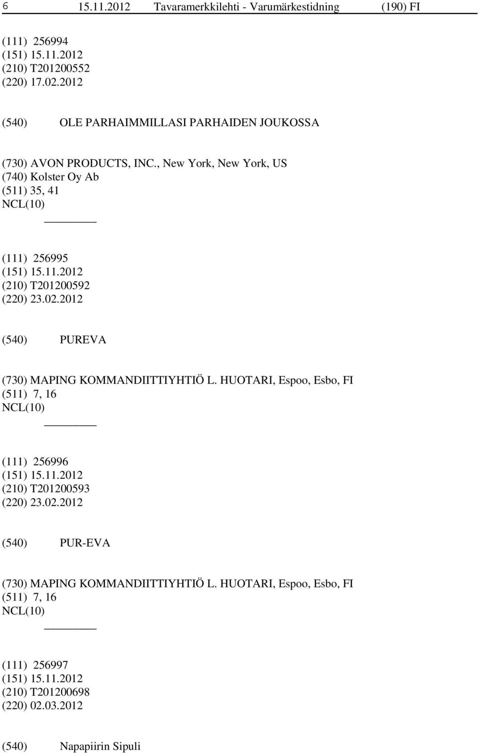 , New York, New York, US (740) Kolster Oy Ab (511) 35, 41 (111) 256995 (210) T201200592 (220) 23.02.