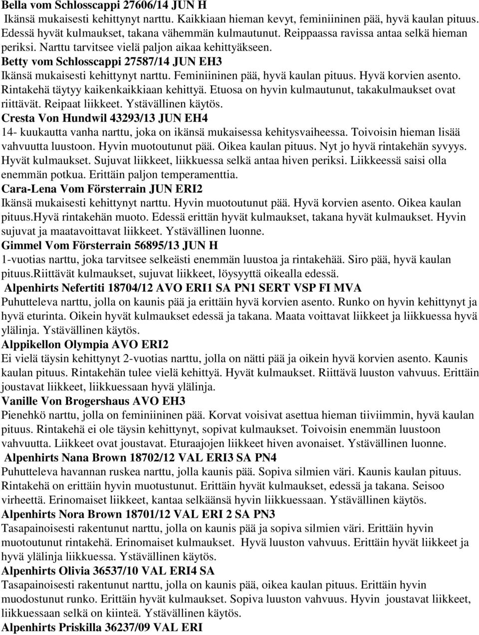 Feminiininen pää, hyvä kaulan pituus. Hyvä korvien asento. Rintakehä täytyy kaikenkaikkiaan kehittyä. Etuosa on hyvin kulmautunut, takakulmaukset ovat riittävät. Reipaat liikkeet. Ystävällinen käytös.