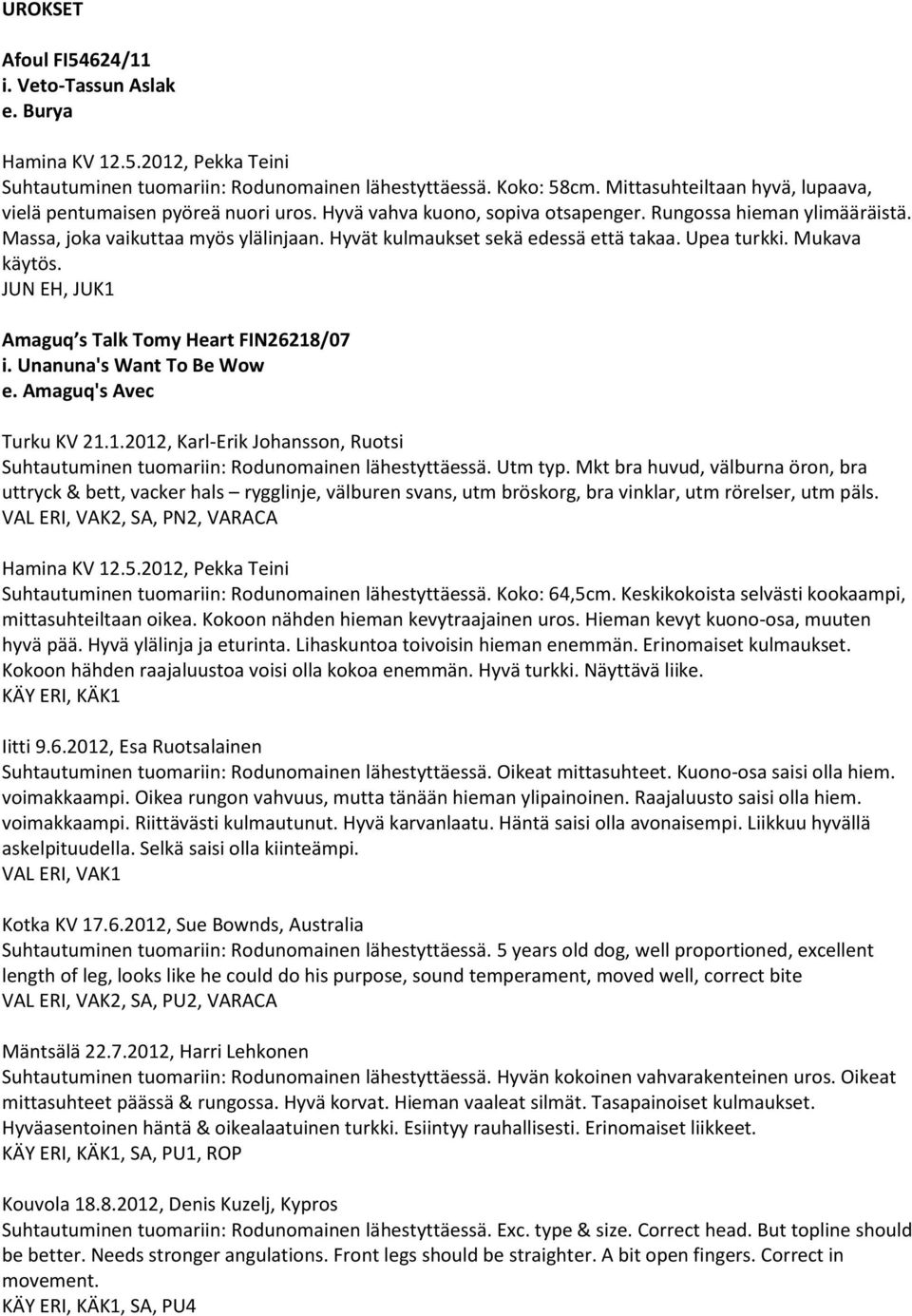 Hyvät kulmaukset sekä edessä että takaa. Upea turkki. Mukava käytös. JUN EH, JUK1 Amaguq s Talk Tomy Heart FIN26218/07 i. Unanuna's Want To Be Wow e. Amaguq's Avec Turku KV 21.1.2012, Karl-Erik Johansson, Ruotsi Suhtautuminen tuomariin: Rodunomainen lähestyttäessä.