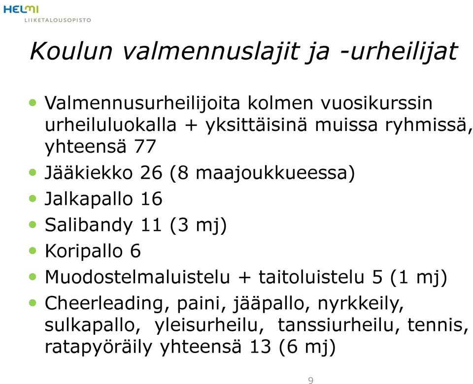 Salibandy 11 (3 mj) Koripallo 6 Muodostelmaluistelu + taitoluistelu 5 (1 mj) Cheerleading,