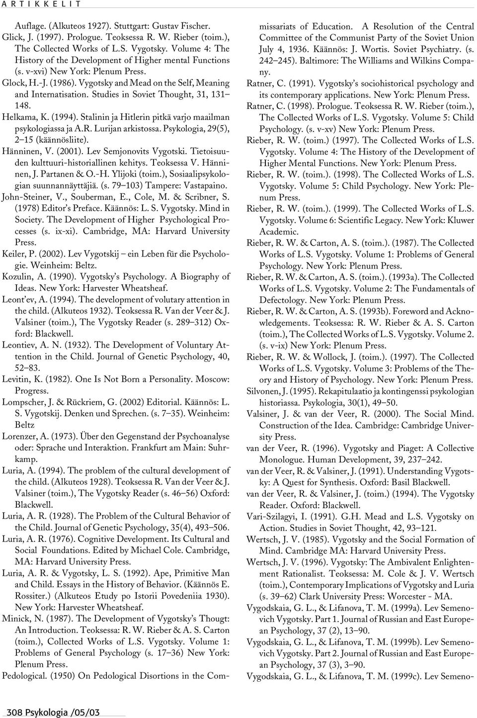 Studies in Soviet Thought, 31, 131 148. Helkama, K. (1994). Stalinin ja Hitlerin pitkä varjo maailman psykologiassa ja A.R. Lurijan arkistossa. Psykologia, 29(5), 2 15 (käännösliite). Hänninen, V.