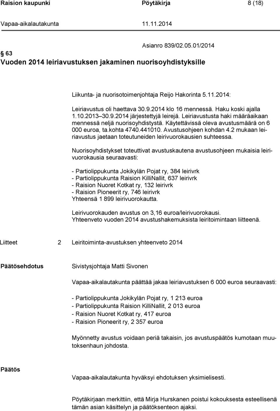 Käytettävissä oleva avustusmäärä on 6 000 euroa, ta.kohta 4740.441010. Avustusohjeen kohdan 4.2 mukaan leiriavustus jaetaan toteutuneiden leirivuorokausien suhteessa.