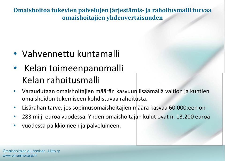 ja kuntien omaishoidon tukemiseen kohdistuvaa rahoitusta. Lisärahan tarve, jos sopimusomaishoitajien määrä kasvaa 60.