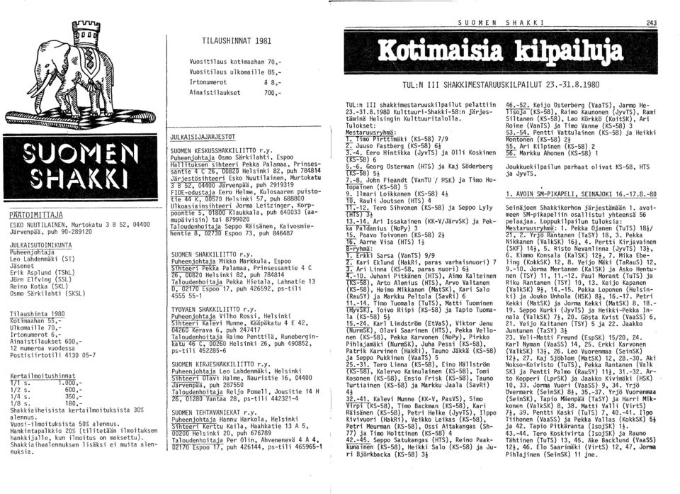 600,- 1/4 s. 350,- 1/8 s. 180,- Shakkiaiheisista kertailmoituksista 30% alennus. Vuosi-ilmoituksista 50% alennus. Hankintapalkkio 20% (tilitetään ilmoituksen hankkijalle, kun ilmoitus on maksettu).