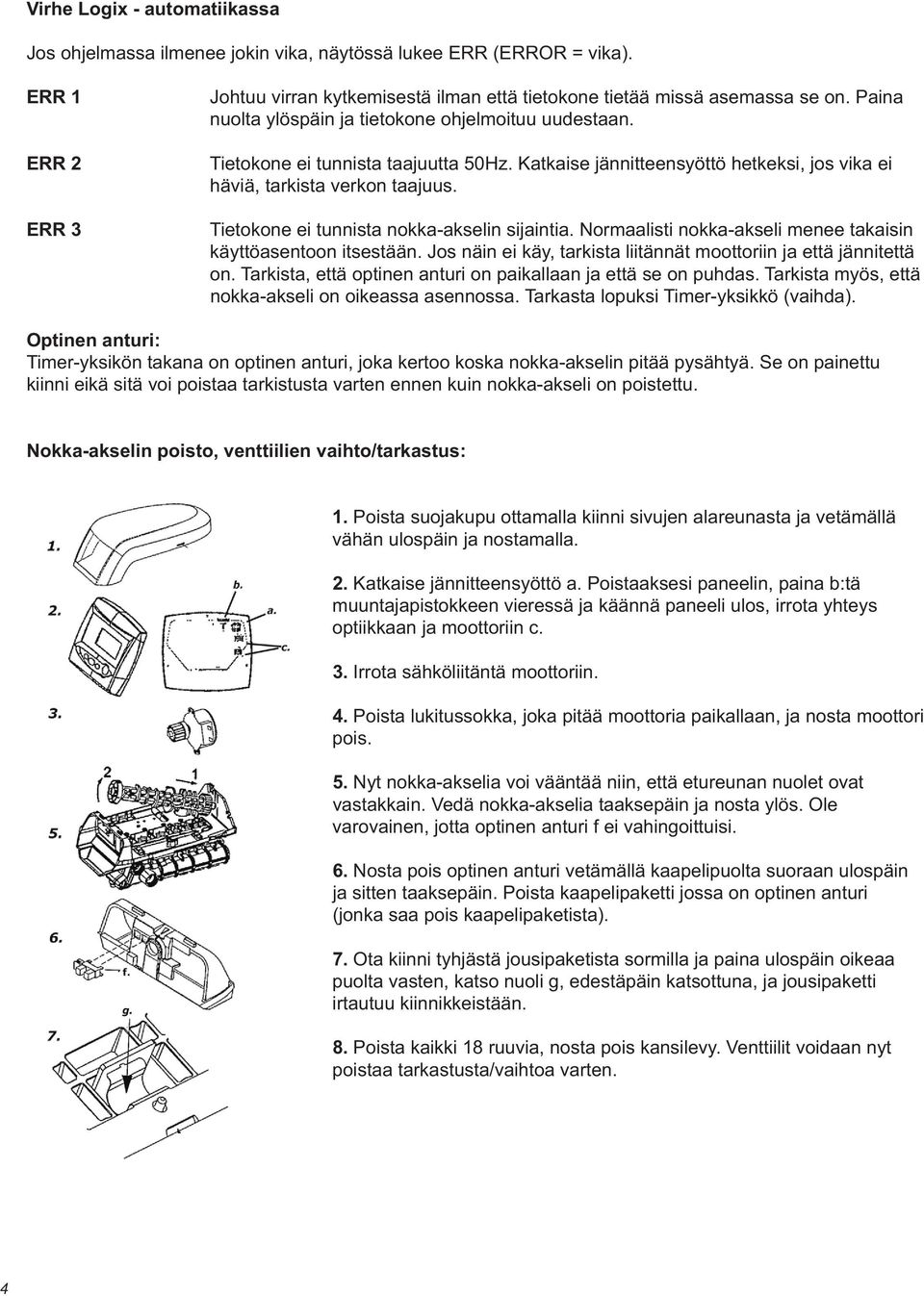 Tietokone ei tunnista nokka-akselin sijaintia. Normaalisti nokka-akseli menee takaisin käyttöasentoon itsestään. Jos näin ei käy, tarkista liitännät moottoriin ja että jännitettä on.