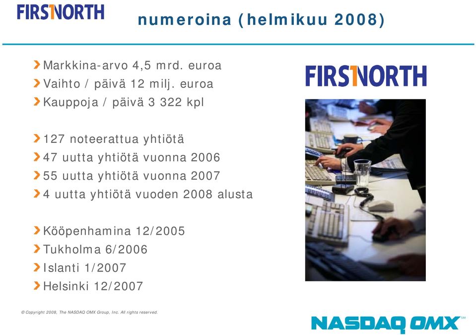 euroa Kauppoja / päivä 3 322 kpl 127 noteerattua yhtiötä 47 uutta yhtiötä