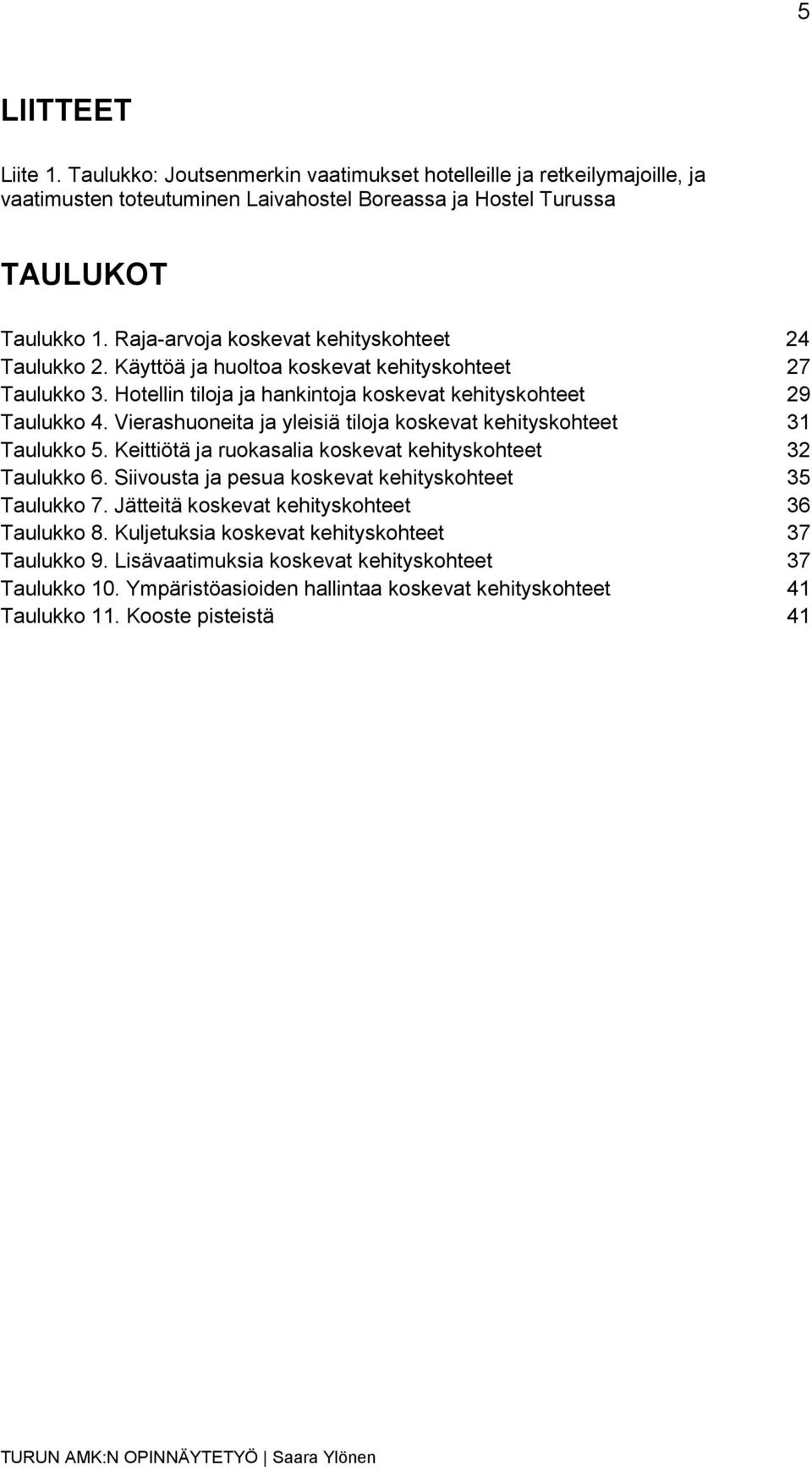 Vierashuoneita ja yleisiä tiloja koskevat kehityskohteet 31 Taulukko 5. Keittiötä ja ruokasalia koskevat kehityskohteet 32 Taulukko 6. Siivousta ja pesua koskevat kehityskohteet 35 Taulukko 7.