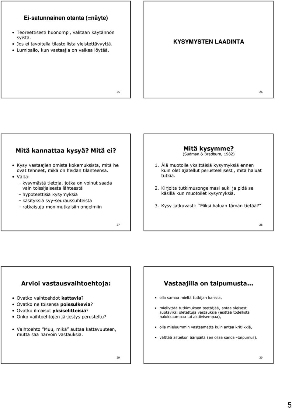 Vältä: kysymästä tietoja, jotka on voinut saada vain toissijaisesta lähteestä hypoteettisia kysymyksiä käsityksiä syy-seuraussuhteista ratkaisuja monimutkaisiin ongelmiin Mitä kysymme?