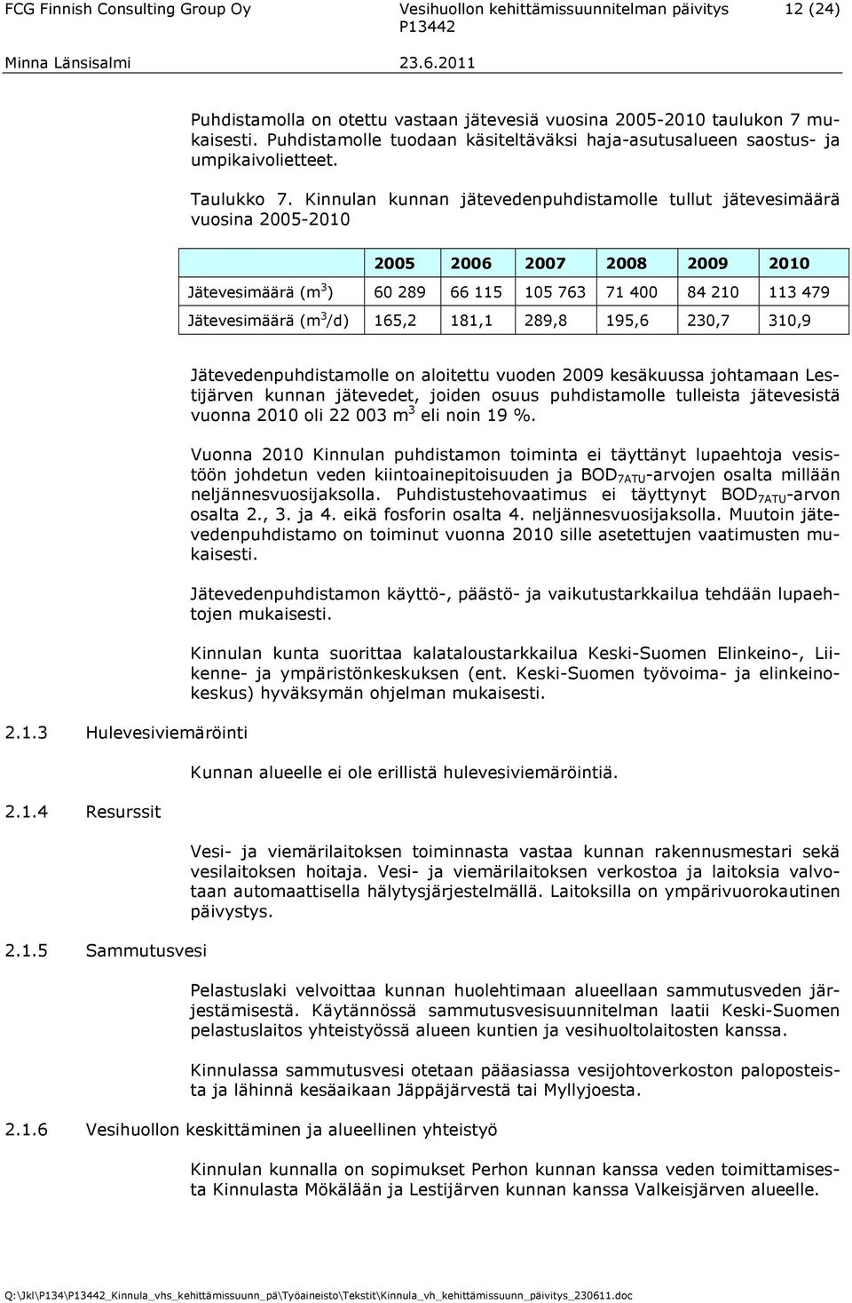 Kinnulan kunnan jätevedenpuhdistamolle tullut jätevesimäärä vuosina 2005-2010 2005 2006 2007 2008 2009 2010 Jätevesimäärä (m 3 ) 60 289 66 115 105 763 71 400 84 210 113 479 Jätevesimäärä (m 3 /d)