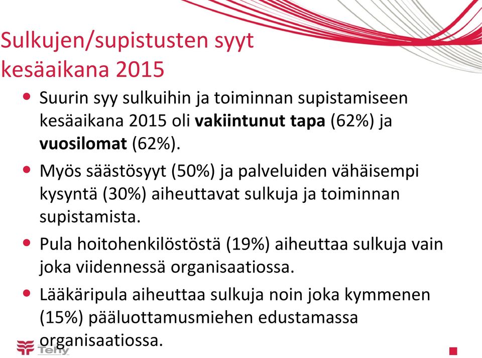 Myös säästösyyt (50%) ja palveluiden vähäisempi kysyntä (30%) aiheuttavat sulkuja ja toiminnan supistamista.