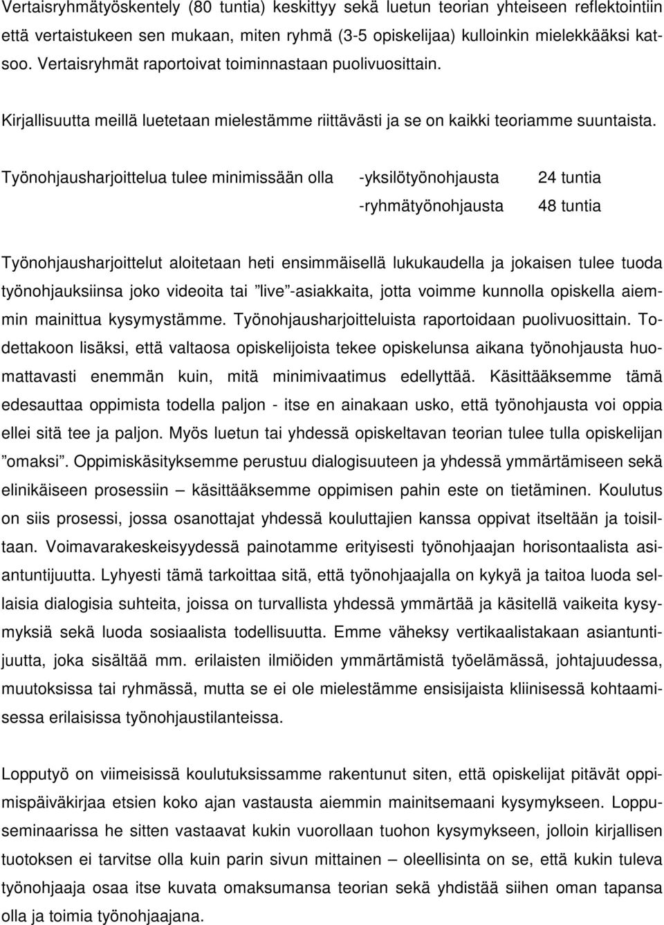 Työnohjausharjoittelua tulee minimissään olla -yksilötyönohjausta 24 tuntia -ryhmätyönohjausta 48 tuntia Työnohjausharjoittelut aloitetaan heti ensimmäisellä lukukaudella ja jokaisen tulee tuoda