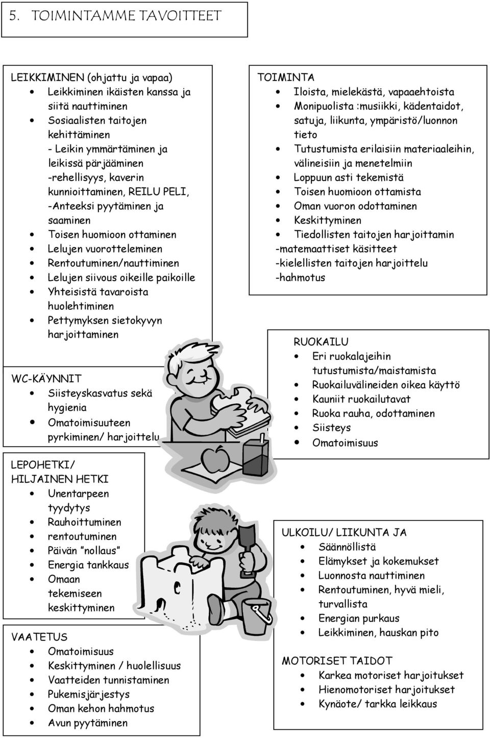 Yhteisistä tavaroista huolehtiminen Pettymyksen sietokyvyn harjoittaminen WC-KÄYNNIT Siisteyskasvatus sekä hygienia Omatoimisuuteen pyrkiminen/ harjoittelu LEPOHETKI/ HILJAINEN HETKI Unentarpeen