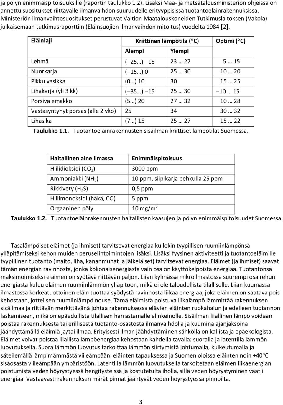 Ministeriön ilmanvaihtosuositukset perustuvat Valtion Maatalouskoneiden Tutkimuslaitoksen (Vakola) julkaisemaan tutkimusraporttiin (Eläinsuojien ilmanvaihdon mitoitus) vuodelta 1984.