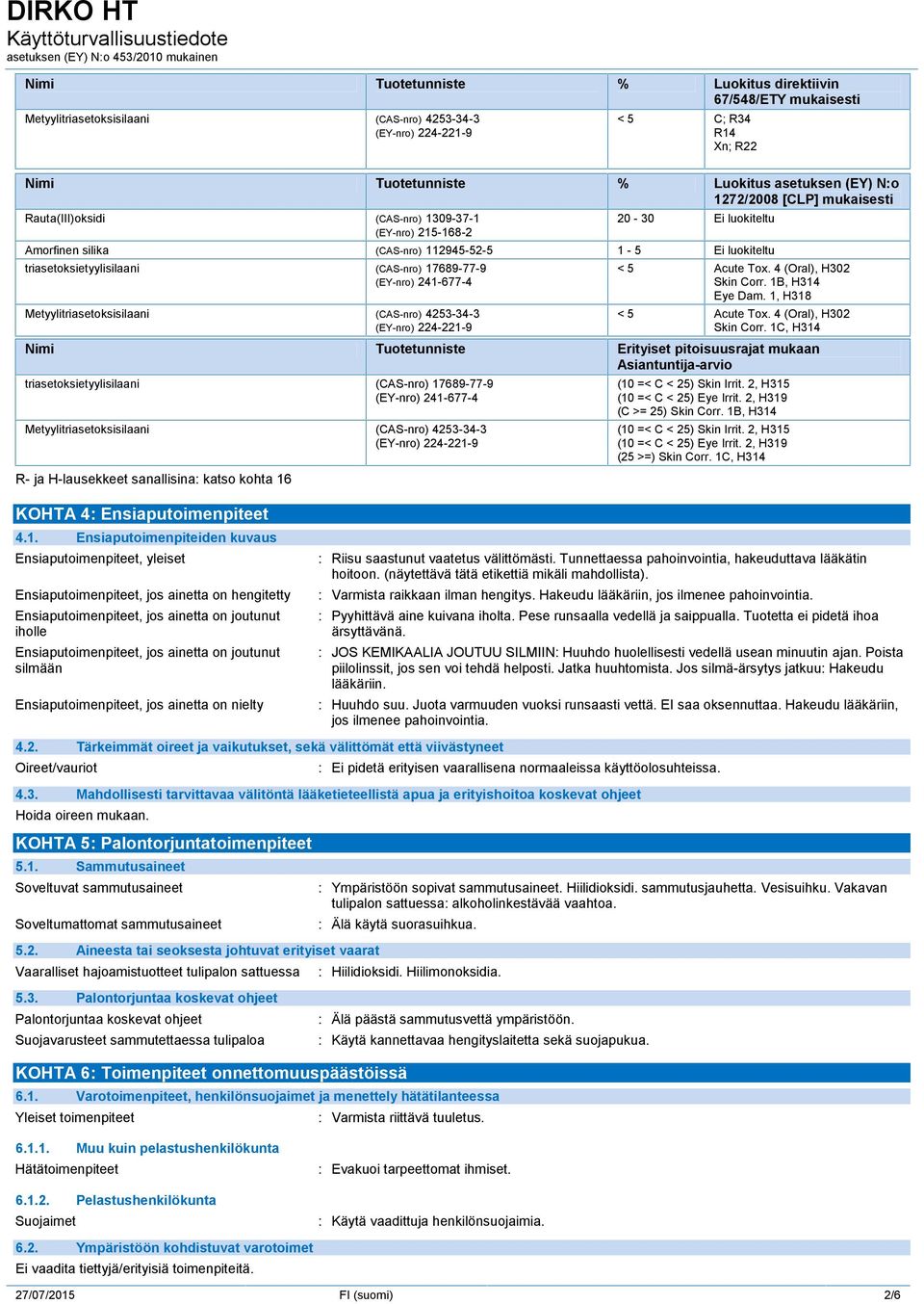 17689-77-9 (EY-nro) 241-677-4 Metyylitriasetoksisilaani (CAS-nro) 4253-34-3 (EY-nro) 224-221-9 < 5 Acute Tox. 4 (Oral), H302 Skin Corr. 1B, H314 Eye Dam. 1, H318 < 5 Acute Tox.