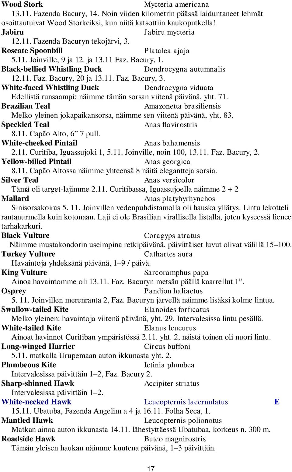 11. Faz. Bacury, 20 ja 13.11. Faz. Bacury, 3. White-faced Whistling Duck Dendrocygna viduata Edellistä runsaampi: näimme tämän sorsan viitenä päivänä, yht. 71.