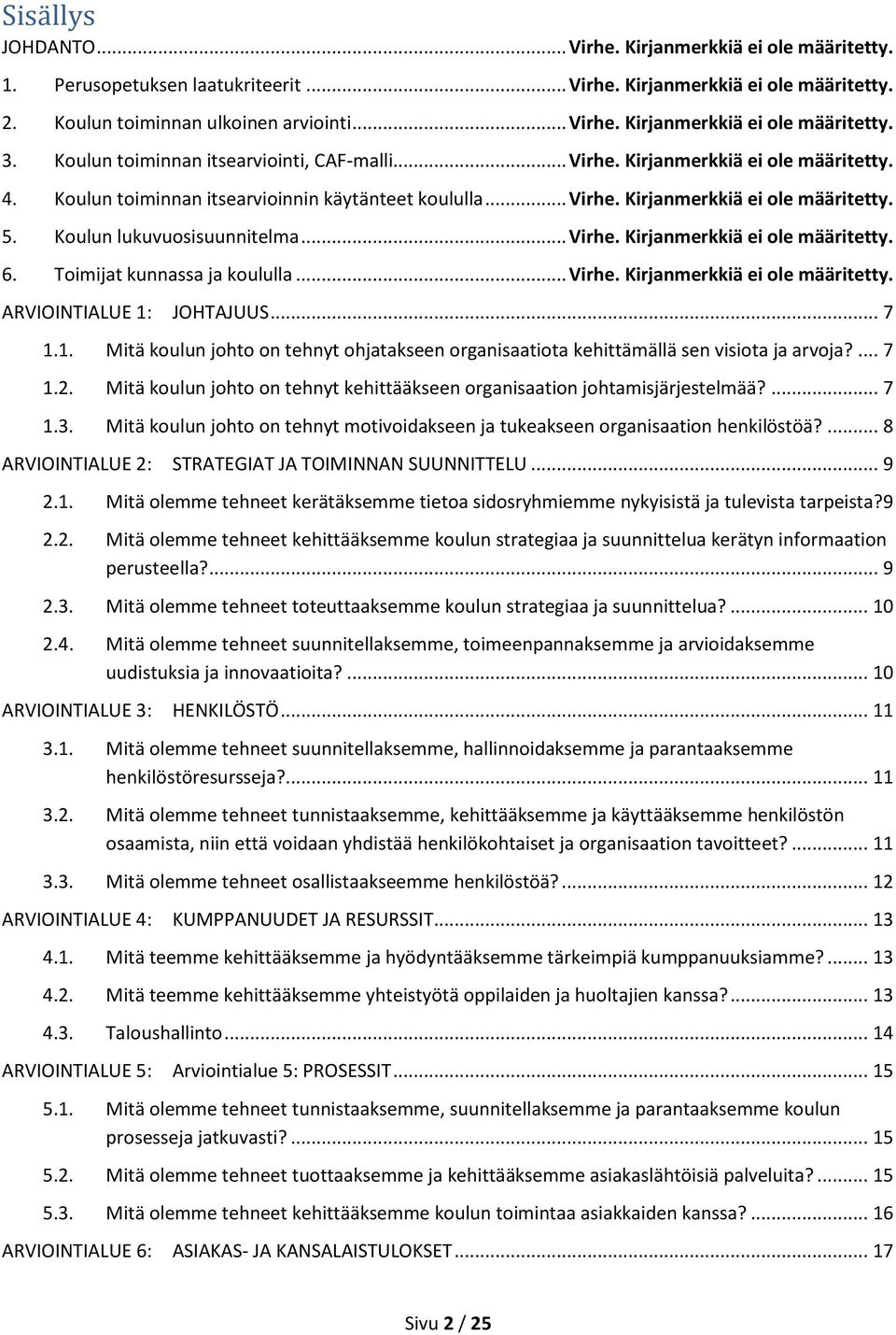 Koulun lukuvuosisuunnitelma... Virhe. Kirjanmerkkiä ei ole määritetty. 6. Toimijat kunnassa ja koululla... Virhe. Kirjanmerkkiä ei ole määritetty. ARVIOINTIALUE 1: