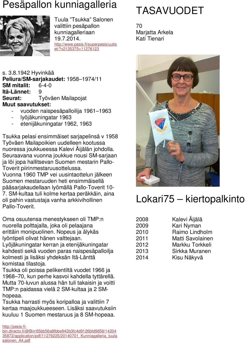 etenijäkuningatar 1962, 1963 Tsukka pelasi ensimmäiset sarjapelinsä v 1958 Työväen Mailapoikien uudelleen kootussa nuoressa joukkueessa Kalevi Äijälän johdolla.