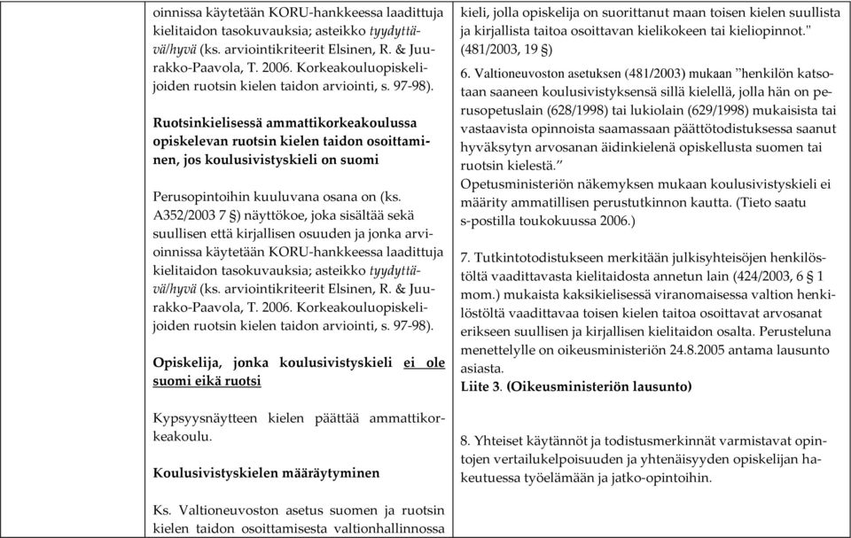 Ruotsinkielisessä ammattikorkeakoulussa opiskelevan ruotsin kielen taidon osoittaminen, jos koulusivistyskieli on suomi Perusopintoihin kuuluvana osana on (ks.