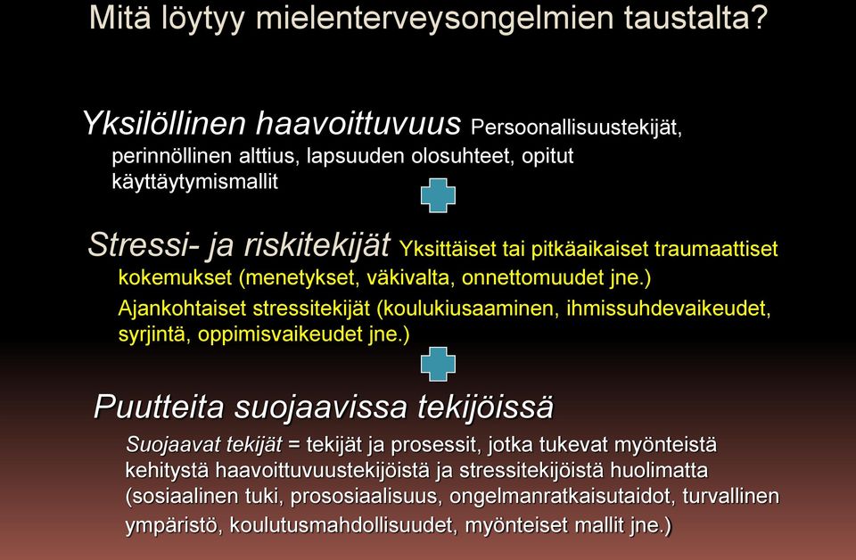 pitkäaikaiset traumaattiset kokemukset (menetykset, väkivalta, onnettomuudet jne.