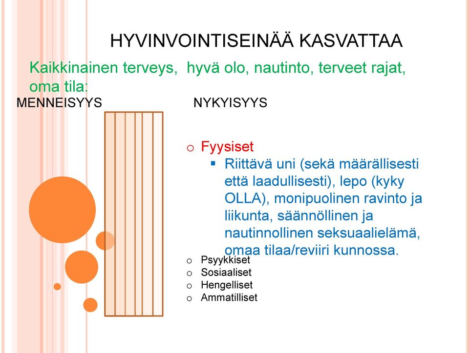 laadullisesti), lepo (kyky OLLA), monipuolinen ravinto ja liikunta, säännöllinen ja