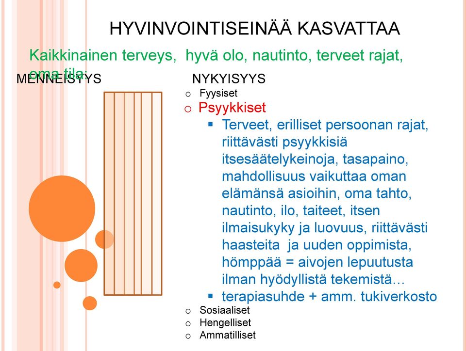 elämänsä asioihin, oma tahto, nautinto, ilo, taiteet, itsen ilmaisukyky ja luovuus, riittävästi haasteita ja uuden oppimista,