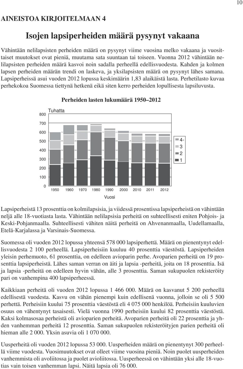 Kahden ja kolmen lapsen perheiden määrän trendi on laskeva, ja yksilapsisten määrä on pysynyt lähes samana. Lapsiperheissä asui vuoden 2012 lopussa keskimäärin 1,83 alaikäistä lasta.