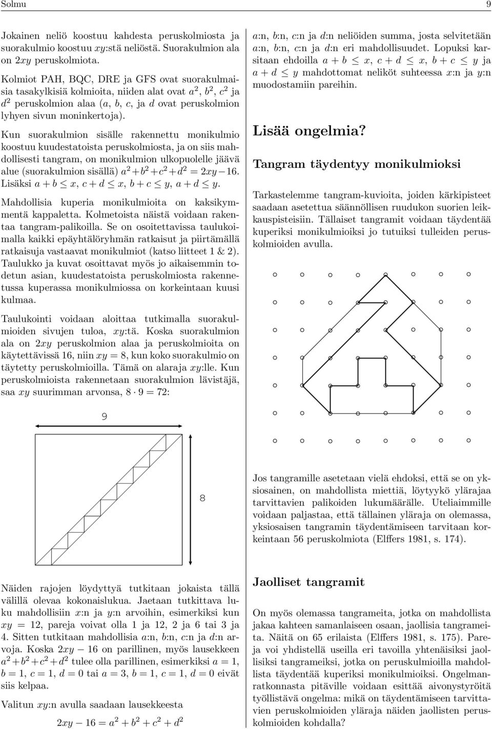 monikulmion ulkopuolelle jäävä lue (suorkulmion sisällä) 2 + 2 + 2 +d 2 = 2xy 16 Lisäksi + x, + d x, + y, + d y Mhdollisi kuperi monikulmioit on kksikymmentä kpplett Kolmetoist näistä voidn rkent