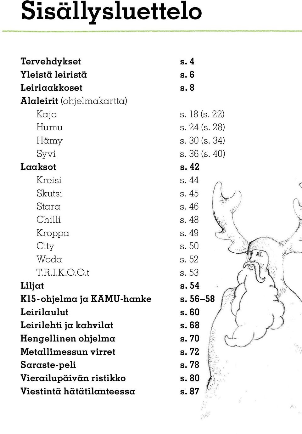 49 City s. 50 Woda s. 52 T.R.I.K.O.O.t s. 53 Liljat s. 54 K15-ohjelma ja KAMU-hanke s. 56 58 Leirilaulut s.