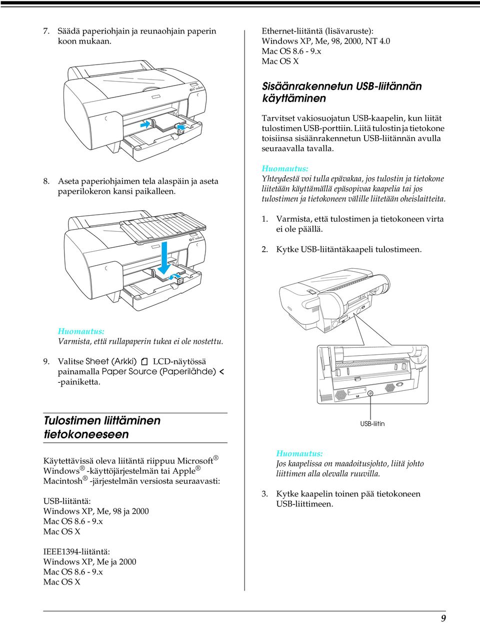 Liitä tulostin ja tietokone toisiinsa sisäänrakennetun USB-liitännän avulla seuraavalla tavalla. 8. Aseta paperiohjaimen tela alaspäin ja aseta paperilokeron kansi paikalleen.