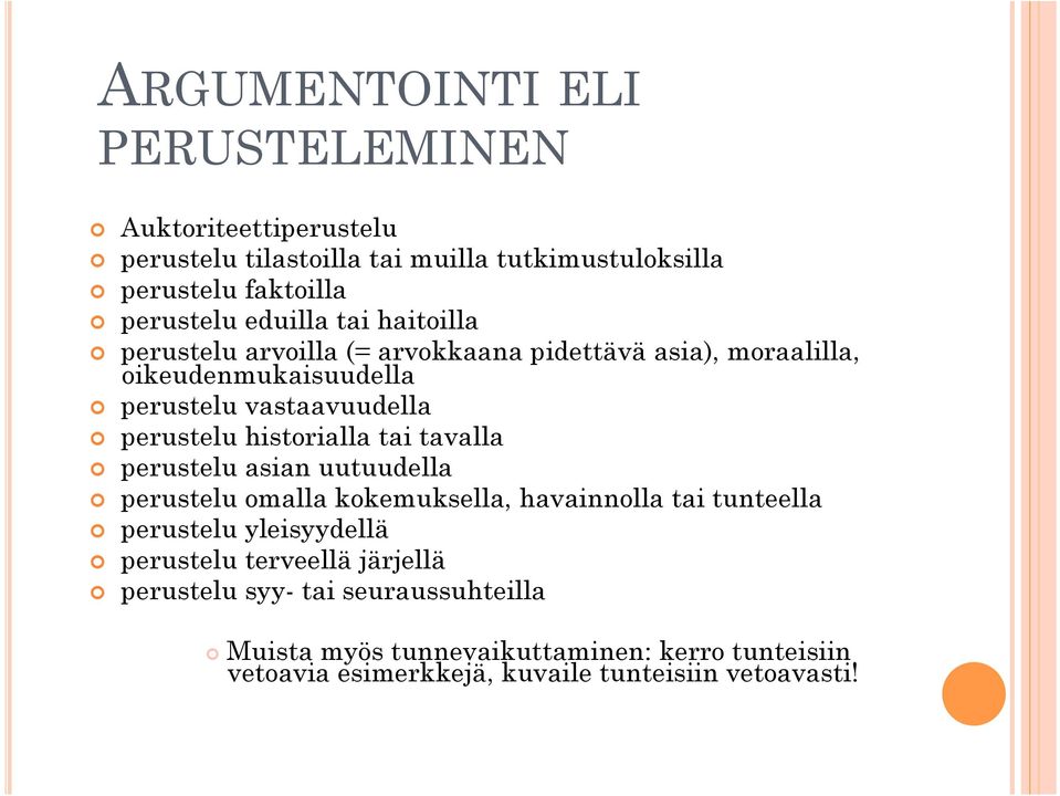 historialla tai tavalla perustelu asian uutuudella perustelu omalla kokemuksella, havainnolla tai tunteella perustelu yleisyydellä perustelu