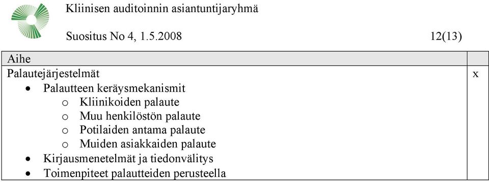 Kliinikoiden palaute o Muu henkilöstön palaute o Potilaiden