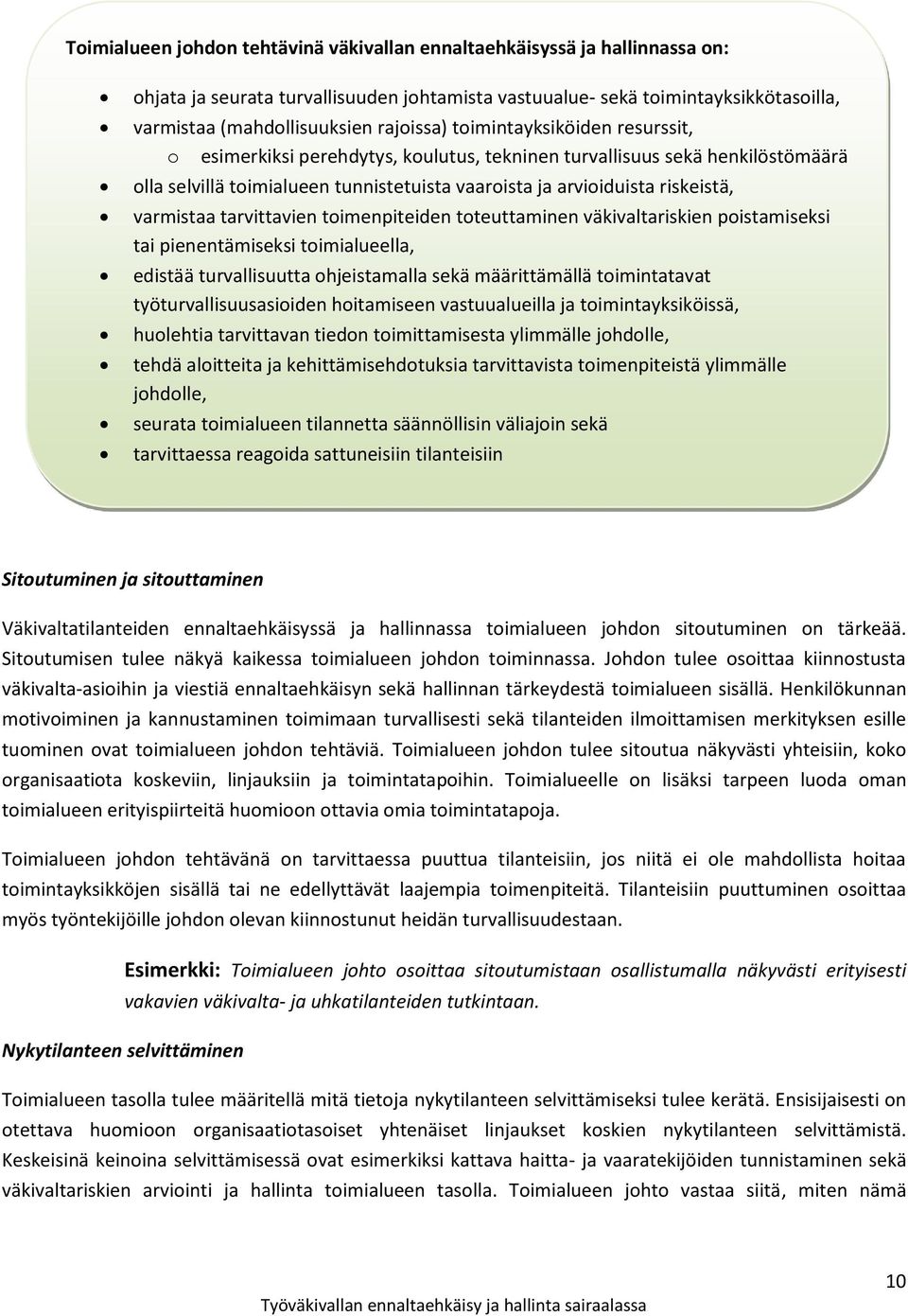 varmistaa tarvittavien toimenpiteiden toteuttaminen väkivaltariskien poistamiseksi tai pienentämiseksi toimialueella, edistää turvallisuutta ohjeistamalla sekä määrittämällä toimintatavat