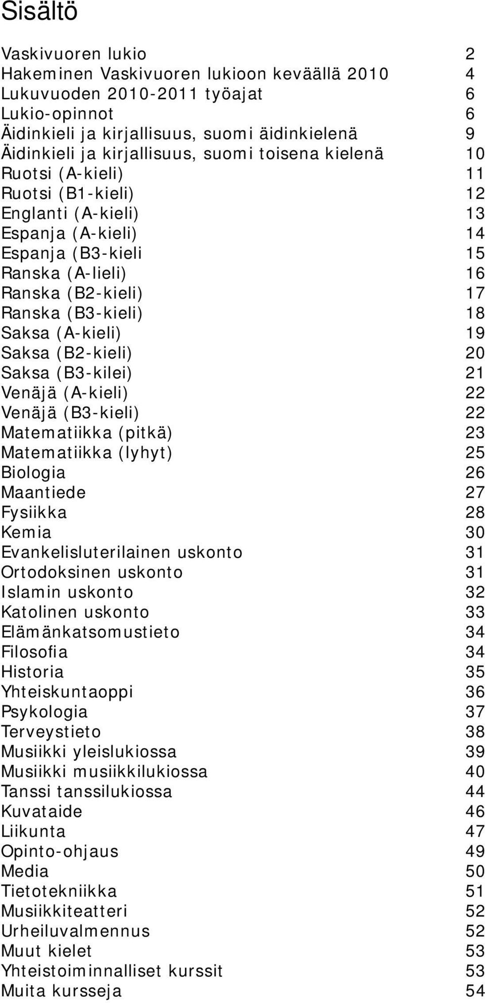 (A-kieli) 19 Saksa (B2-kieli) 20 Saksa (B3-kilei) 21 Venäjä (A-kieli) 22 Venäjä (B3-kieli) 22 Matematiikka (pitkä) 23 Matematiikka (lyhyt) 25 Biologia 26 Maantiede 27 Fysiikka 28 Kemia 30