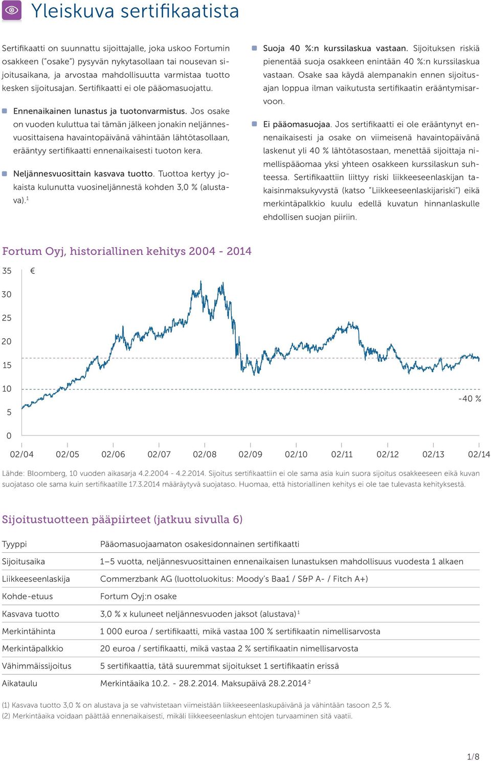 Jos osake on vuoden kuluttua tai tämän jälkeen jonakin neljännesvuosittaisena havaintopäivänä vä hintään lähtötasollaan, erääntyy sertifikaatti ennenaikaisesti tuoton kera.