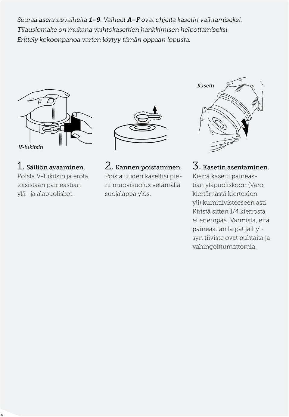 Poista V-lukitsin ja erota toisistaan paineastian ylä- ja alapuoliskot. 2. Kannen poistaminen. Poista uuden kasettisi pieni muovisuojus vetämällä suojaläppä ylös. 3.