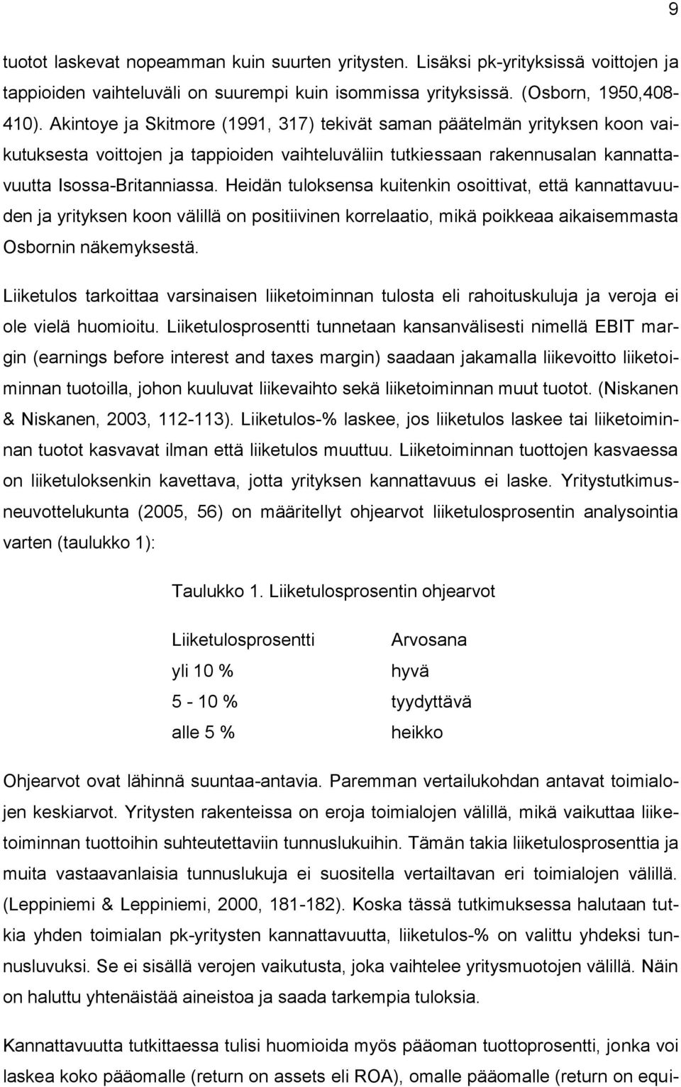 Heidän tuloksensa kuitenkin osoittivat, että kannattavuuden ja yrityksen koon välillä on positiivinen korrelaatio, mikä poikkeaa aikaisemmasta Osbornin näkemyksestä.