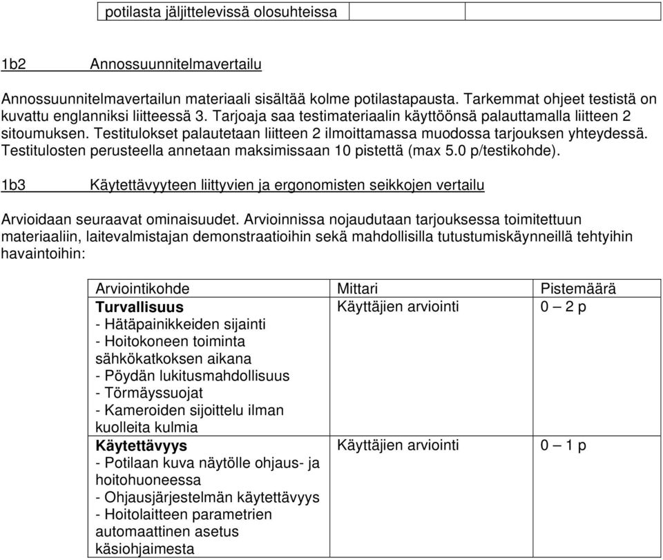 Testitulosten perusteella annetaan maksimissaan 10 pistettä (max 5.0 p/testikohde). 1b3 Käytettävyyteen liittyvien ja ergonomisten seikkojen vertailu Arvioidaan seuraavat ominaisuudet.