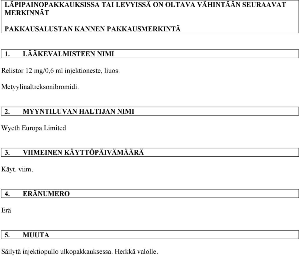 Metyylinaltreksonibromidi. 2. MYYNTILUVAN HALTIJAN NIMI Wyeth Europa Limited 3.