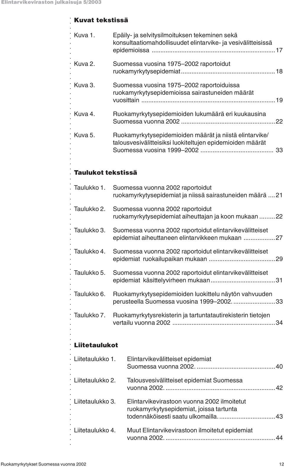 ..17 Suomessa vuosina 1975 2002 raportoidut ruokamyrkytysepidemiat...18 Suomessa vuosina 1975 2002 raportoiduissa ruokamyrkytysepidemioissa sairastuneiden määrät vuosittain.