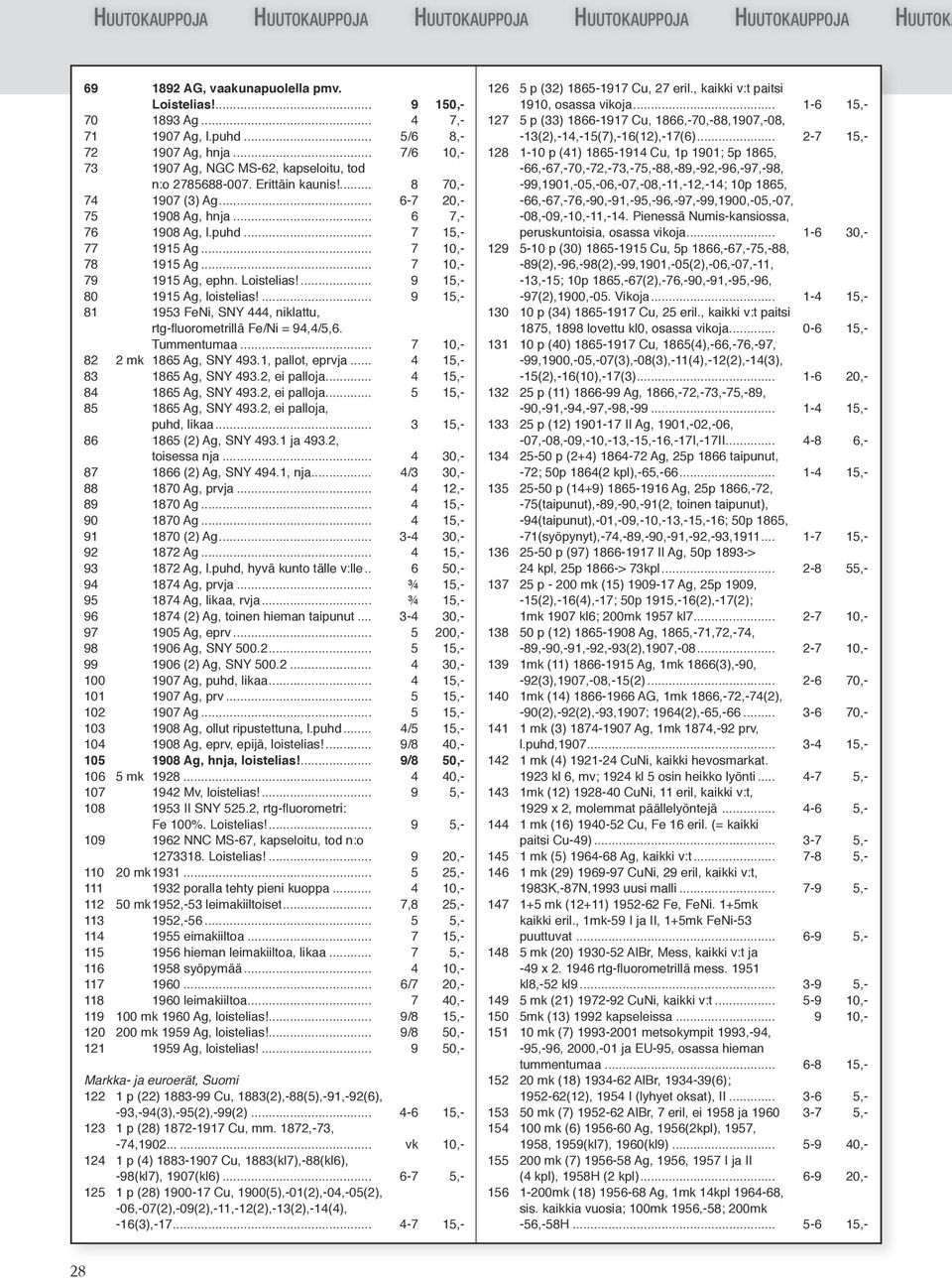 .. 7 10,- 78 1915 Ag... 7 10,- 79 1915 Ag, ephn. Loistelias!... 9 15,- 80 1915 Ag, loistelias!... 9 15,- 81 1953 FeNi, SNY 444, niklattu, rtg-fluorometrillä Fe/Ni = 94,4/5,6. Tummentumaa.