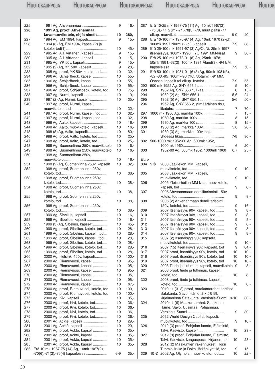 .. 9 15,- 232 1995 (2) Ag, YK 50v, kapselit... 9 28,- 233 1995 Ag, proof, YK 50v, kotelo, tod... 10 32,- 234 1996 Ag, Schjerfbeck, kapseli... 10 55,- 235 1996 Ag, Schjerfbeck, kapseli.