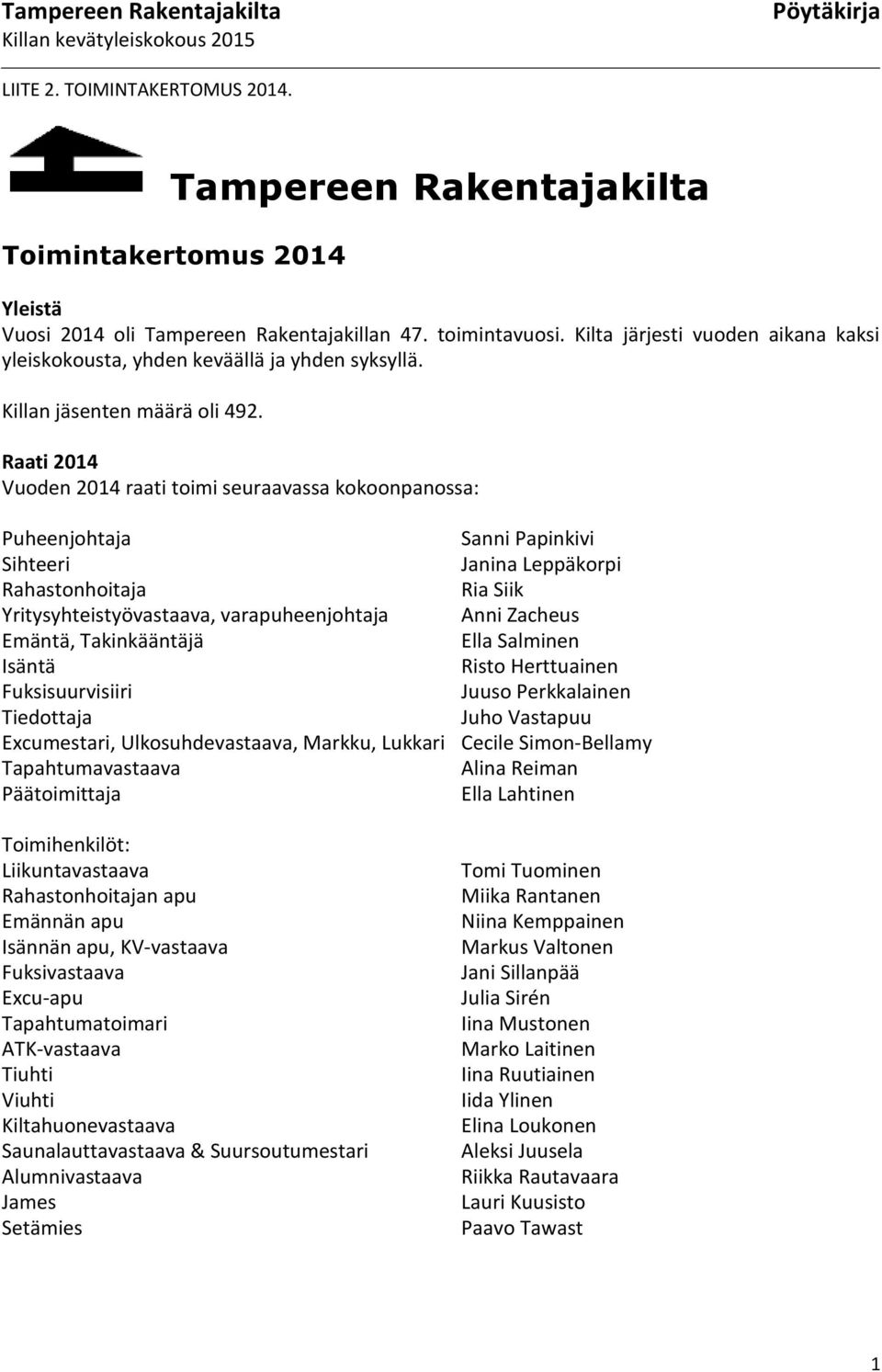 Raati 2014 Vuoden 2014 raati toimi seuraavassa kokoonpanossa: Puheenjohtaja Sanni Papinkivi Sihteeri Janina Leppäkorpi Rahastonhoitaja Ria Siik Yritysyhteistyövastaava, varapuheenjohtaja Anni Zacheus