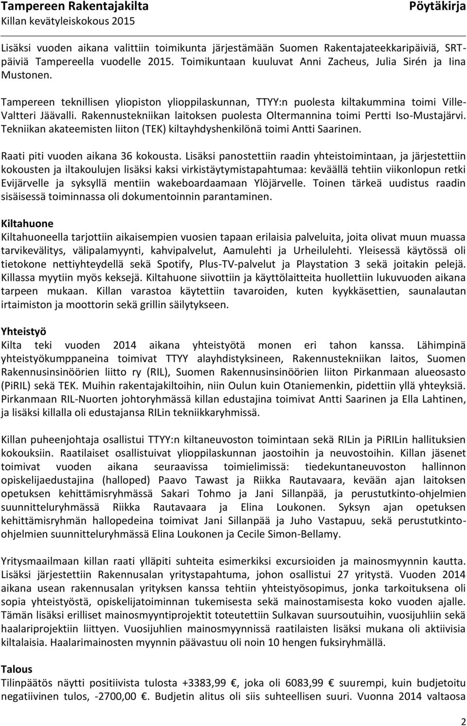 Tekniikan akateemisten liiton (TEK) kiltayhdyshenkilönä toimi Antti Saarinen. Raati piti vuoden aikana 36 kokousta.