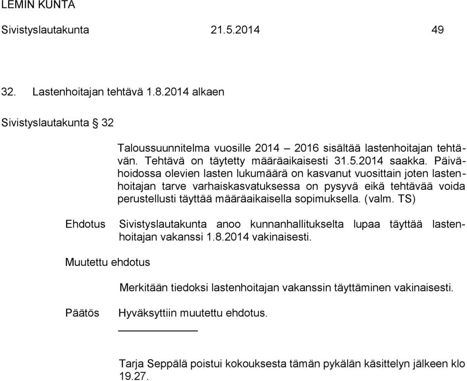 Päivähoidossa olevien lasten lukumäärä on kasvanut vuosittain joten lastenhoitajan tarve varhaiskasvatuksessa on pysyvä eikä tehtävää voida perustellusti täyttää määräaikaisella