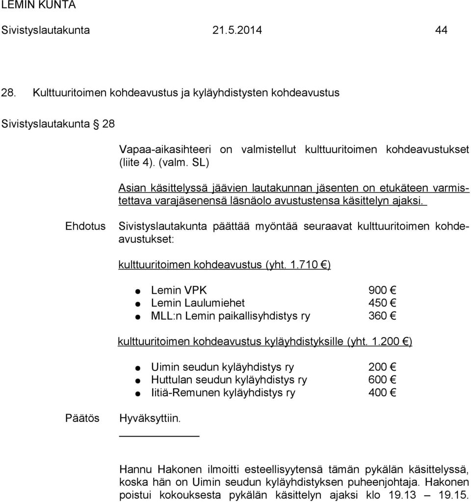 Ehdotus Sivistyslautakunta päättää myöntää seuraavat kulttuuritoimen kohdeavustukset: kulttuuritoimen kohdeavustus (yht. 1.