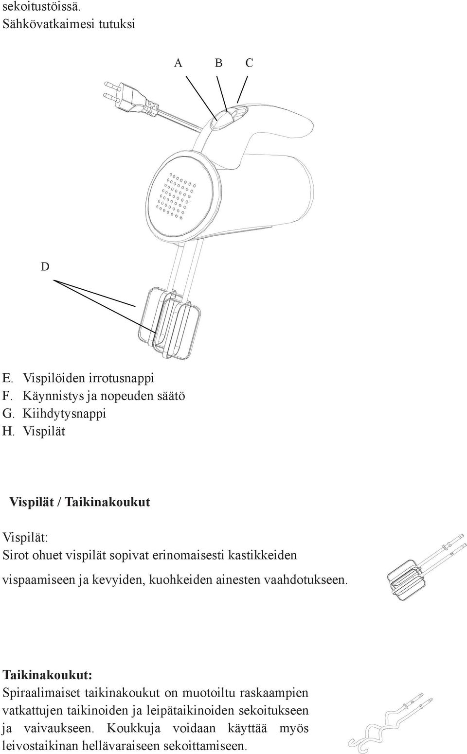 Vispilät Vispilät / Taikinakoukut Vispilät: Sirot ohuet vispilät sopivat erinomaisesti kastikkeiden vispaamiseen ja kevyiden,