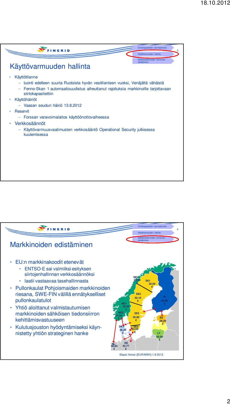 2012 Reservit Forssan varavoimalaitos käyttöönottovaiheessa Verkkosäännöt Käyttövarmuusvaatimusten verkkosääntö Operational Security julkisessa kuulemisessa Siirtokapasiteetin varmistaminen